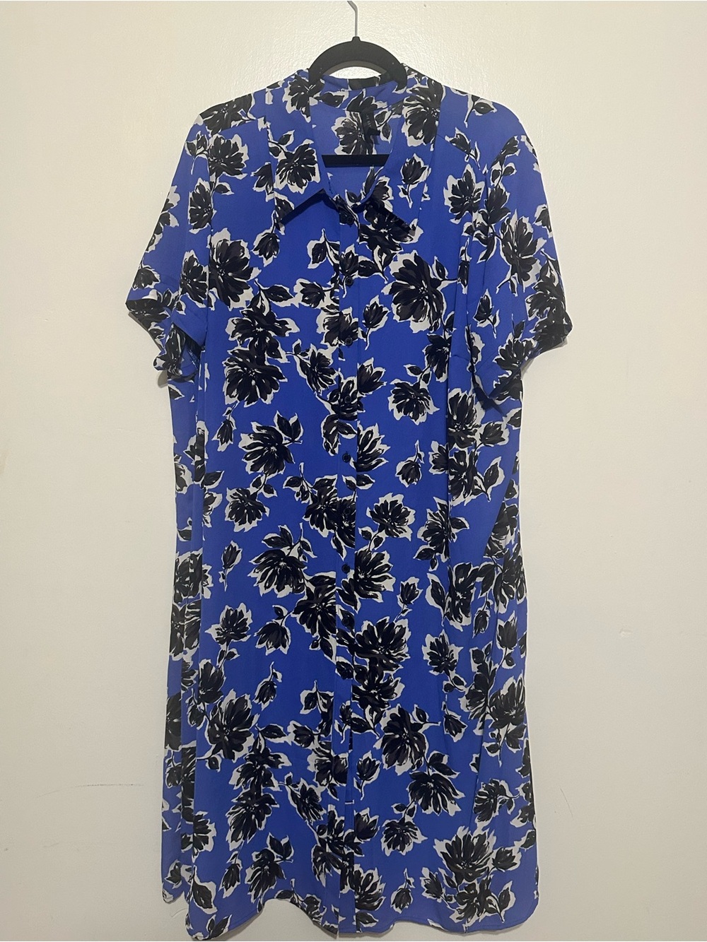 Blue Floral Button-Front Midi Dress Shirt